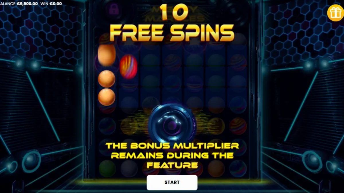 Interface do slot Mighty Marbles com design neon e esferas cósmicas